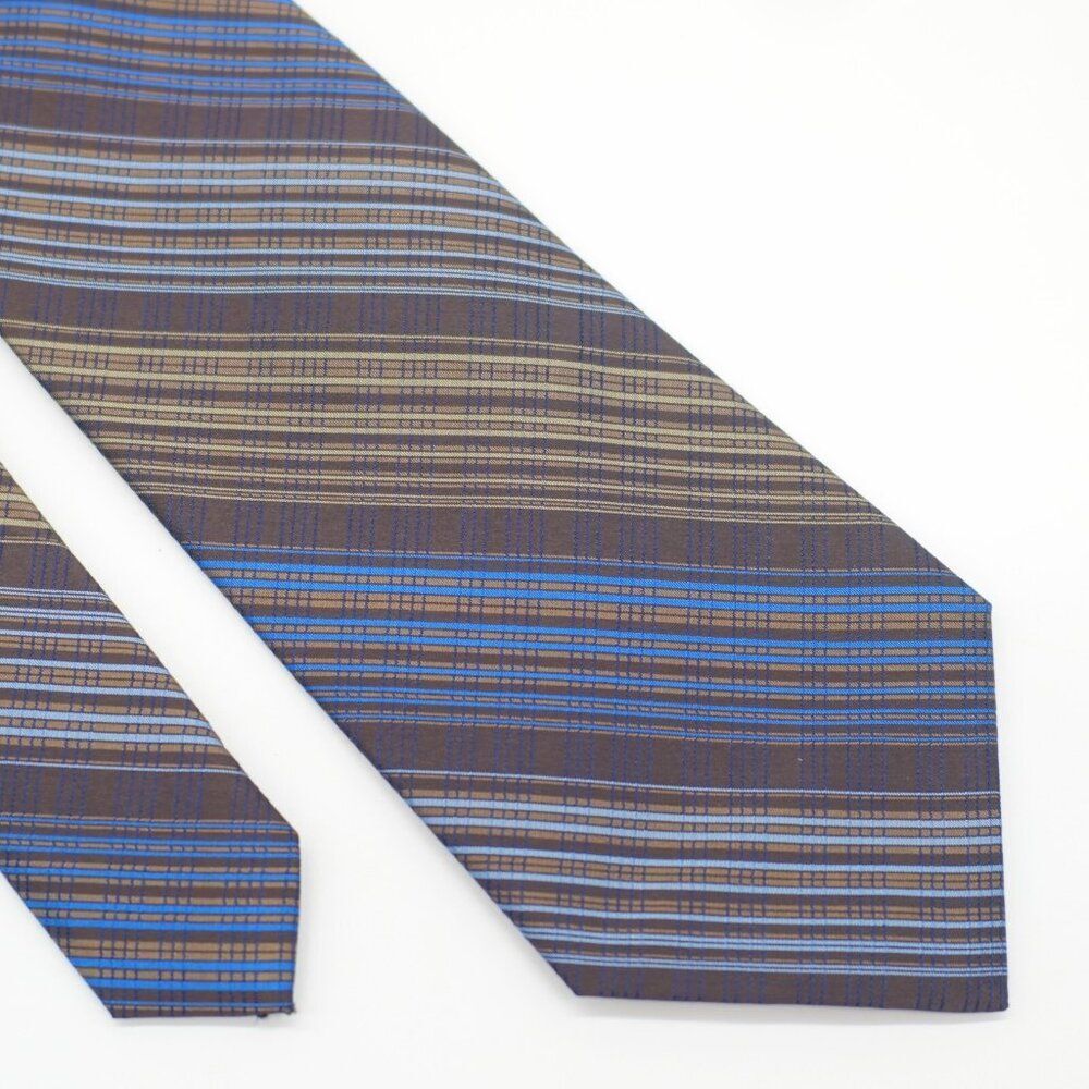Pronto Uomo Couture Brown Blue Striped Check Woven Silk Tie